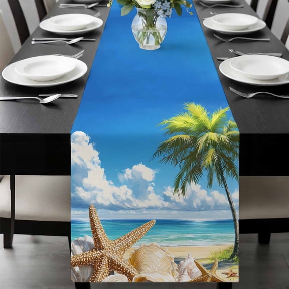 Beach Blue Table Runner 36 Inches Long, Starfish Palm Tree Shell Sandy Beach Kitchen Coffee Dining Table Decoration for Home Party Birthday Wedding Home Decor 13x36 Inches