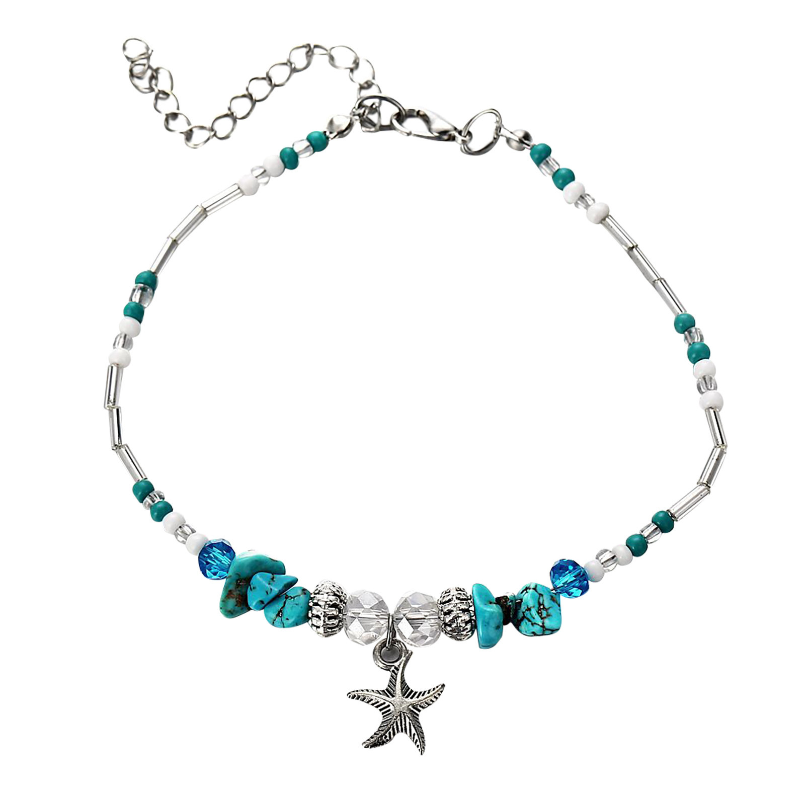 Beach Blue Turquoise Tube Star Pendant Vintage Popular Rice Bead Anklet