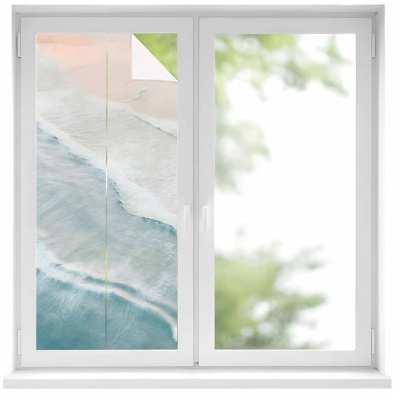 Beach Blue Window Privacy Film, Gradient Ocean Waves Seashore Sunset Static Cling UV Sun Blocking Heat Control Window Tint Day and Night, Non-Adhesive One Way Windows Privacy Cover 17.7''x39.3''