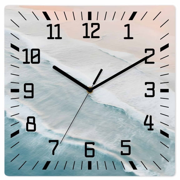 Beach Blue Wooden Wall Clock Silent Non Ticking, Gradient Ocean Waves Seashore Sunset Square Wall Clocks Battery Operated, Decor Clock for Home Office, Living Room, Kitchen, 12 Inch
