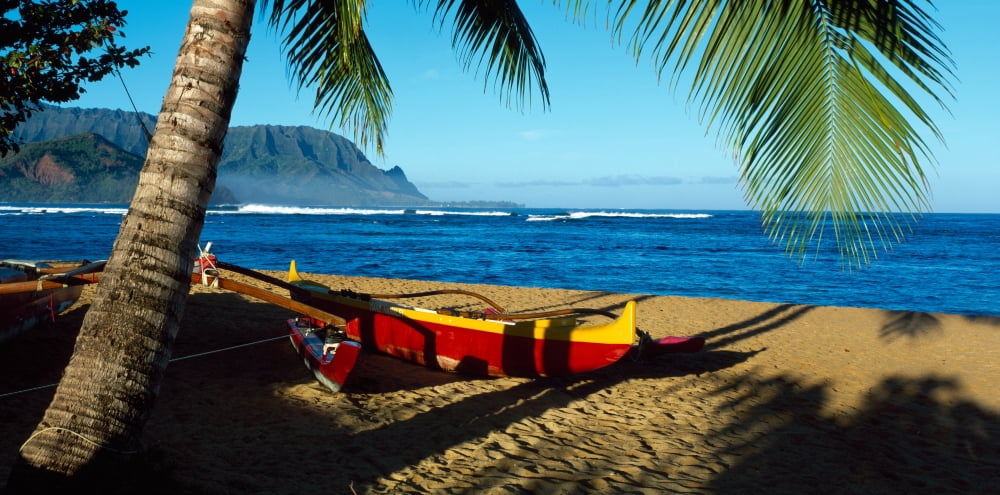 Beach Boat Hanalei Bay Kauai HI USA Canvas Art - Panoramic Images (36 x 12)