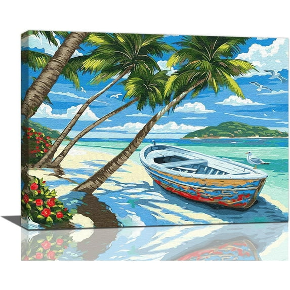 Beach Boat Palm Tree Decor Wall Art Beach Sea Ocean Theme Pictures Wall Decor Canvas Painting Prints Artwork Home Decorations Framed for Bathroom Kitchen Bedroom Living Room 16"x12"