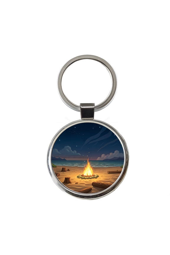 Beach Bonfire Drawing Metal Round Keychain