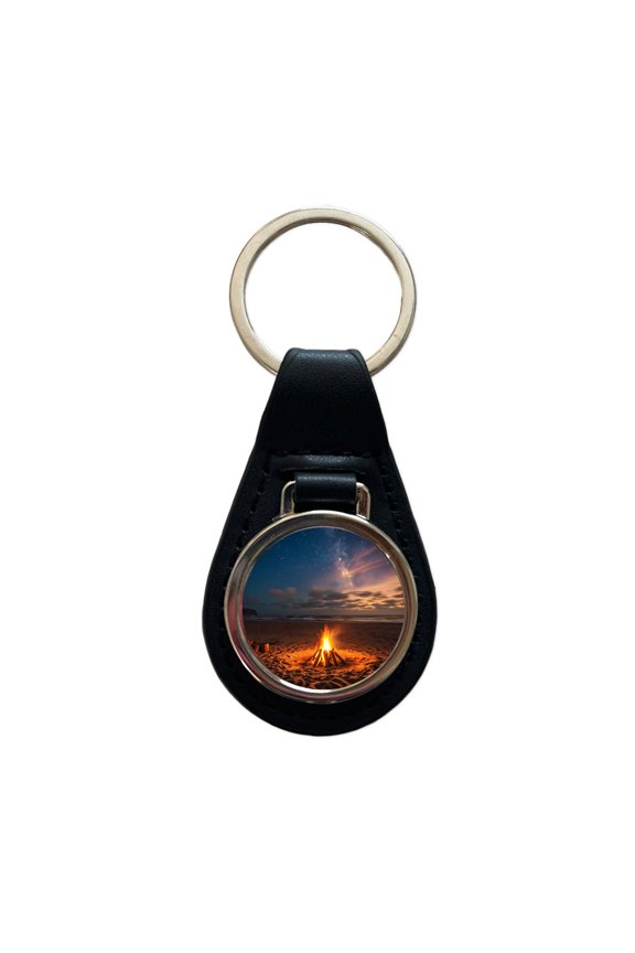 Beach Bonfire Scene Night Metal Black Leather Keychain