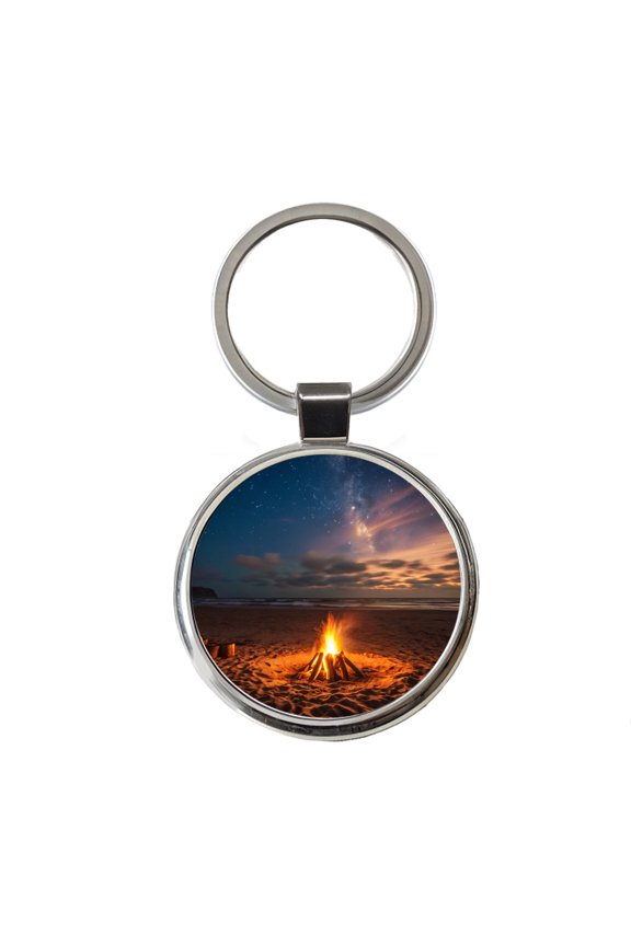 Beach Bonfire Scene Night Metal Round Keychain