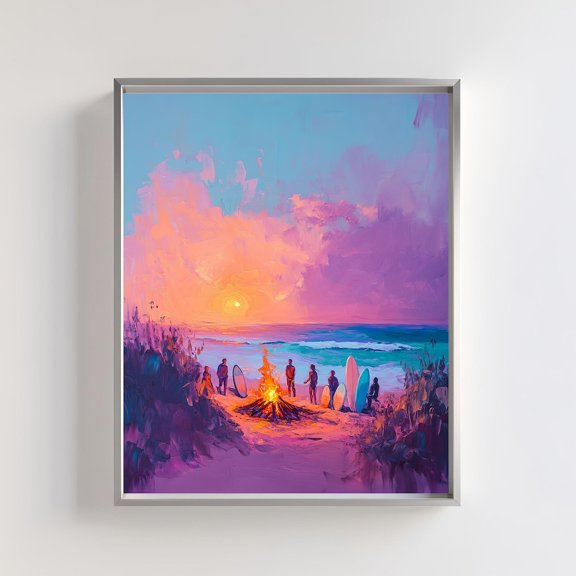 Beach Bonfire Sunset Print Vibrant Coastal Surf Wall Art, Unframed Paper Poster 8x10in