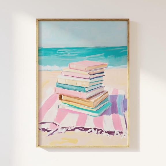 Beach Bookstack Print, Coastal Reading Art, Aesthetic Book Lover Decor, Cute Book Club Wall Art, Pastel Beach House Decor Wall Art, Modern Wall Decor, 16x24 UNFRAMED