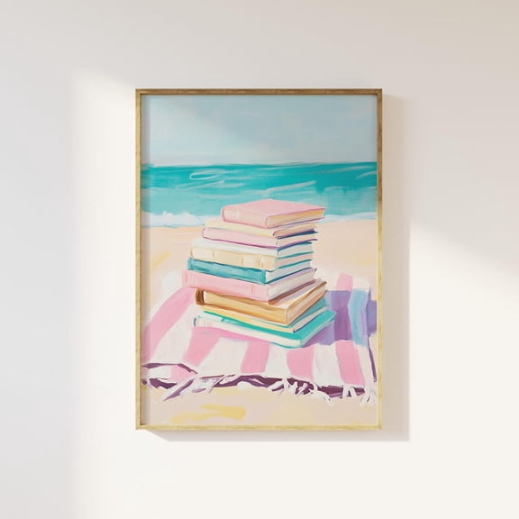 Beach Bookstack Print Coastal Reading Art Aesthetic Book Lover Decor Cute Club Wall Pastel House Style 1053