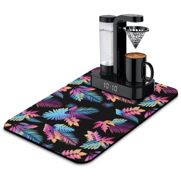 Beach Botanical Coffee Station Mat - Eco-Friendly Reusable Absorbent Mat with Non-Slip Base, Jungle Leaves Design for Home & Office