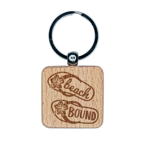 Beach Bound Sandals Flip Flops Hibiscus Square Keychain Charm Tag - Engraved Wood
