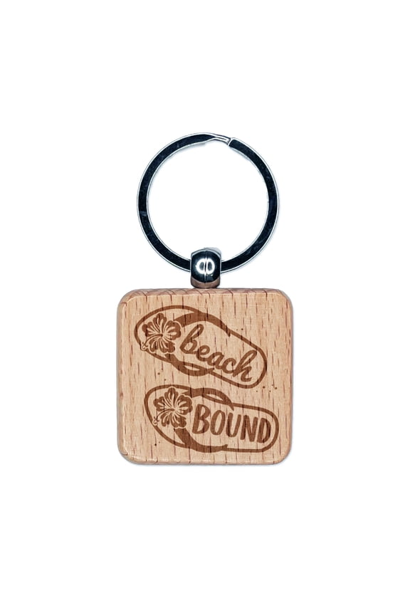 Beach Bound Sandals Flip Flops Hibiscus Square Keychain Charm Tag - Engraved Wood