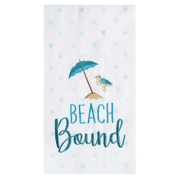 Beach Bound Seagull Under Umbrella Embroidered Kitchen Dish Towel Cotton