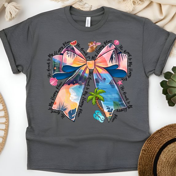 Beach Bow Shirt – The Beach Is My Happy Place Sunset Graphic Tee, Dark Heather, Size 5XL