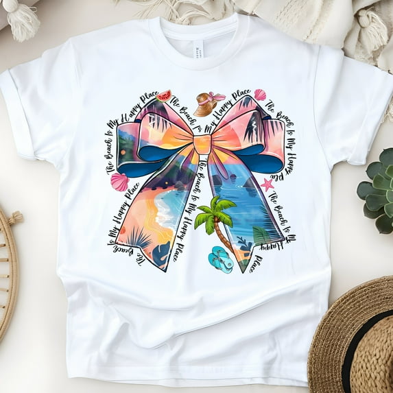 Beach Bow Shirt – The Beach Is My Happy Place Sunset Graphic Tee, White, Size S