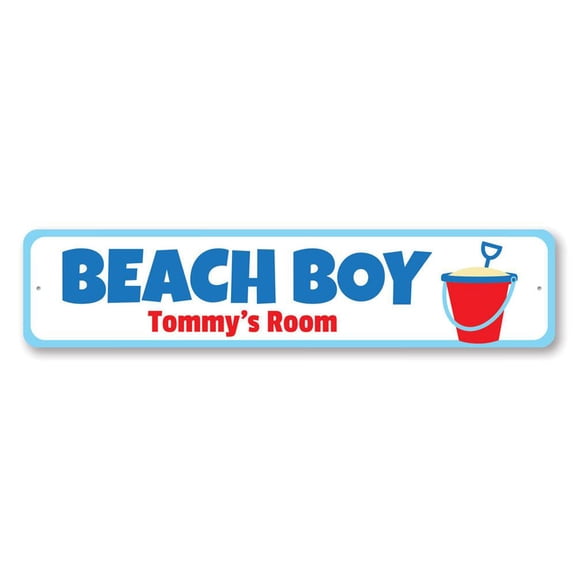 Beach Boy Sign, Custom Kid Name Room Sign, Beach Lover Child Bedroom Sign, Playroom Aluminum Decor - 4x18 inches