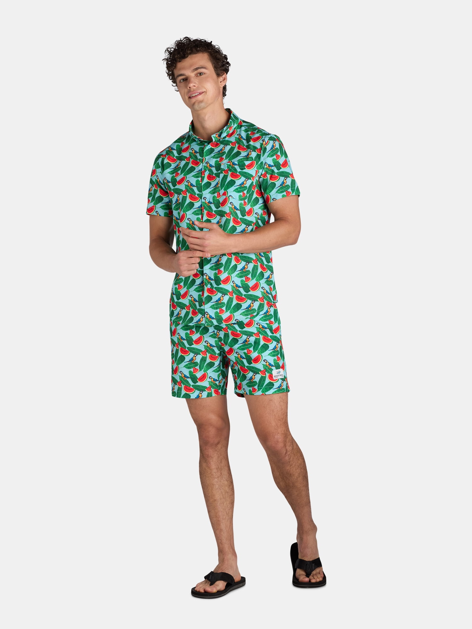 Beach Bros. Men's Print Stretch Cabana Shirt and Swim Trunks Set with