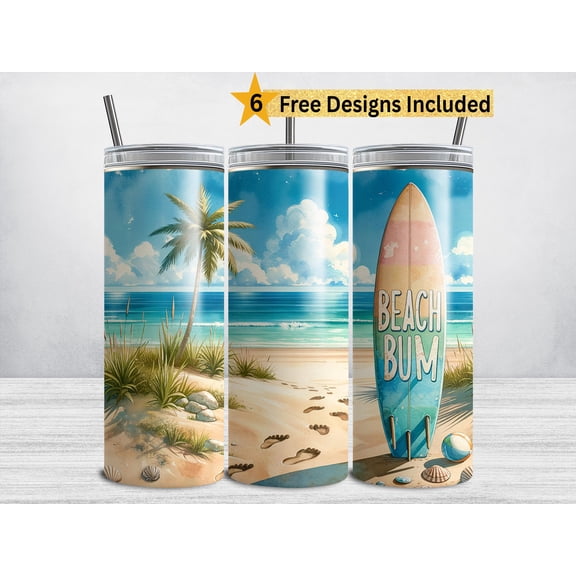 Beach Bum 20 oz Straight Skinny Tumbler, Summer Beach, Surfboard Beach, Reusable Travel Cup with Lid and Straw