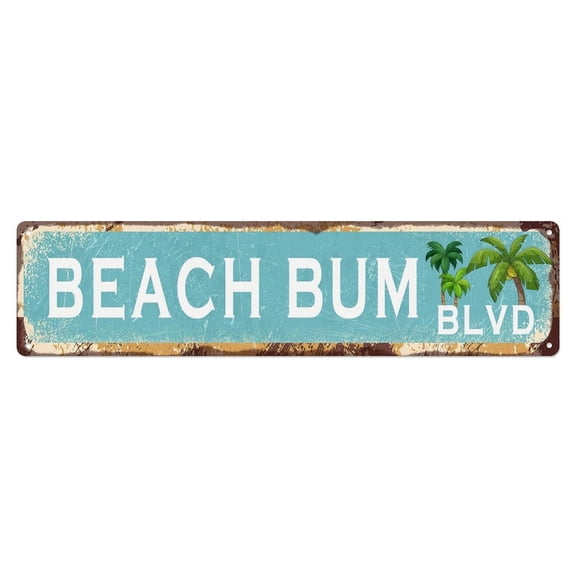Beach Bum Blvd Vintage Metal Sign, Tropical Palm Tree Street Sign Wall Art, Rustic Beach House Home Decor