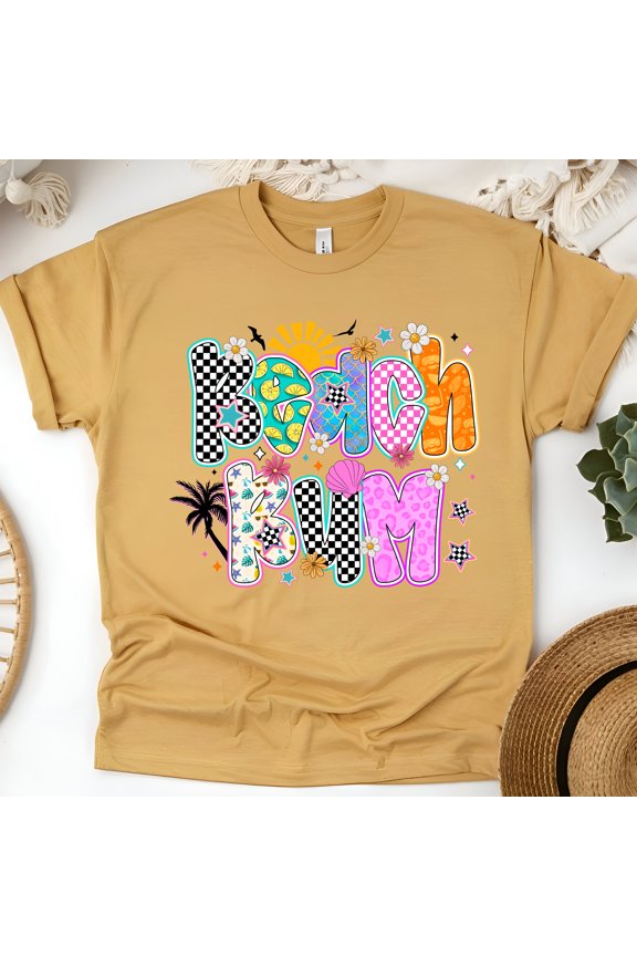 Beach Bum Retro Checkered Shirt – Funky Vacation Vibe Tee, Gold, Size M