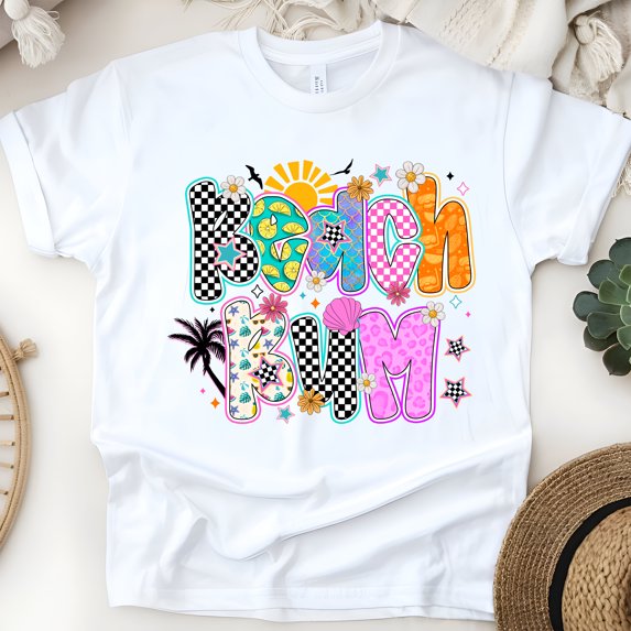 Beach Bum Retro Checkered Shirt – Funky Vacation Vibe Tee, White, Size M