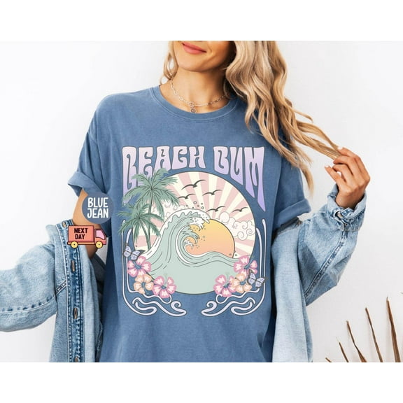 Beach Bum Shirt, Gift for Her, Beach Waves Tee, Preppy T-Shirt, Retro Beach Happy Vibes T-shirt, Summer Sunset Pastel Shirt