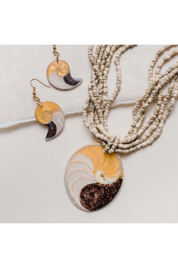 Tropical Shell Pendant Necklace and Earring Set with Natural Coco Beads and Mother of Pearl Jewelry Necklace Earring