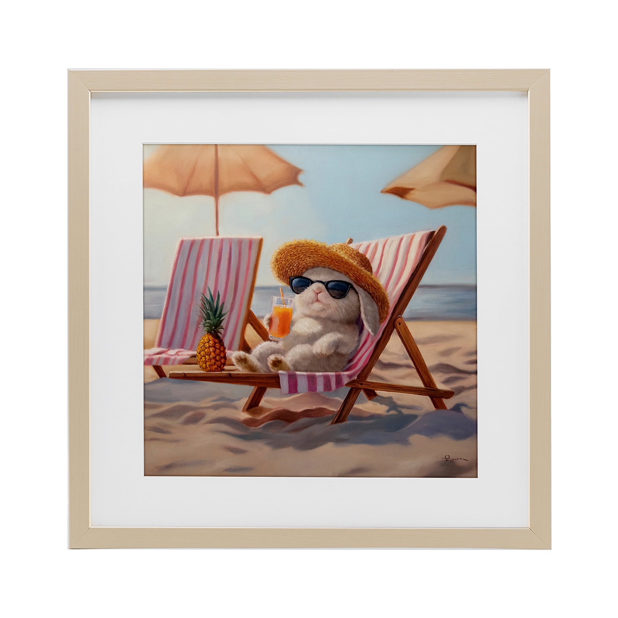 Beach Bun Relaxation Birch Framed Print Under Glass, design by Lucia Heffernan
