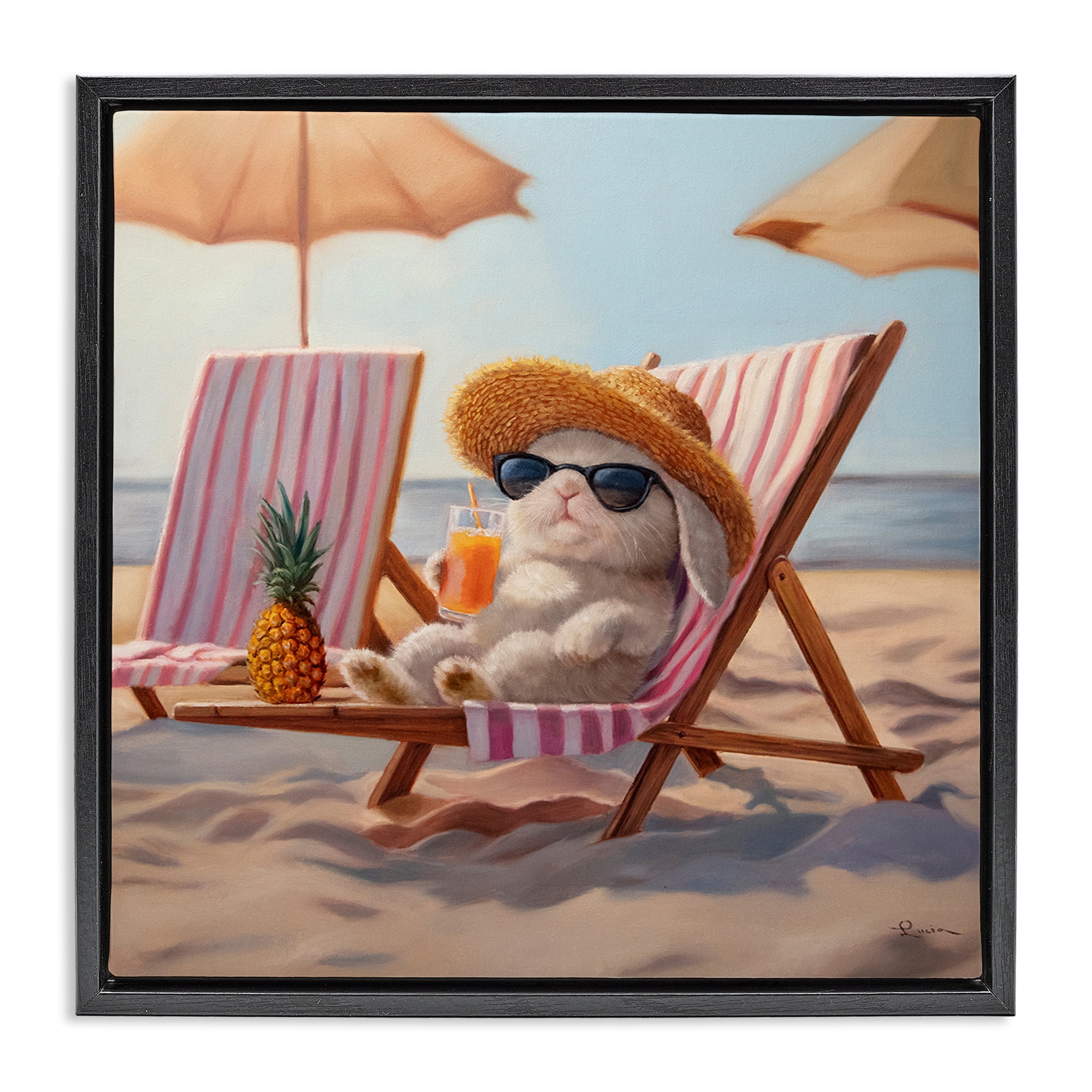 Beach Bun Relaxation Black Framed Floater Canvas Wall Art, design by Lucia Heffernan