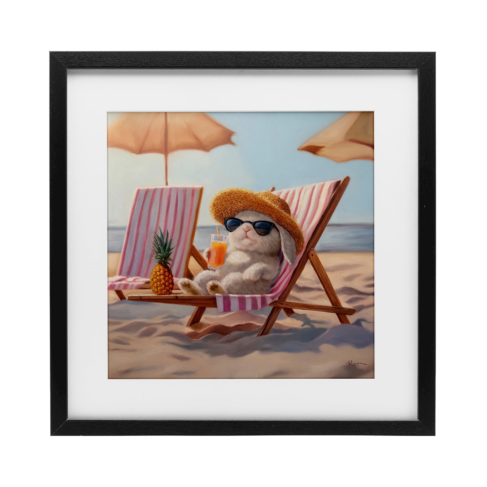 Beach Bun Relaxation Black Framed Print Under Glass, design by Lucia Heffernan