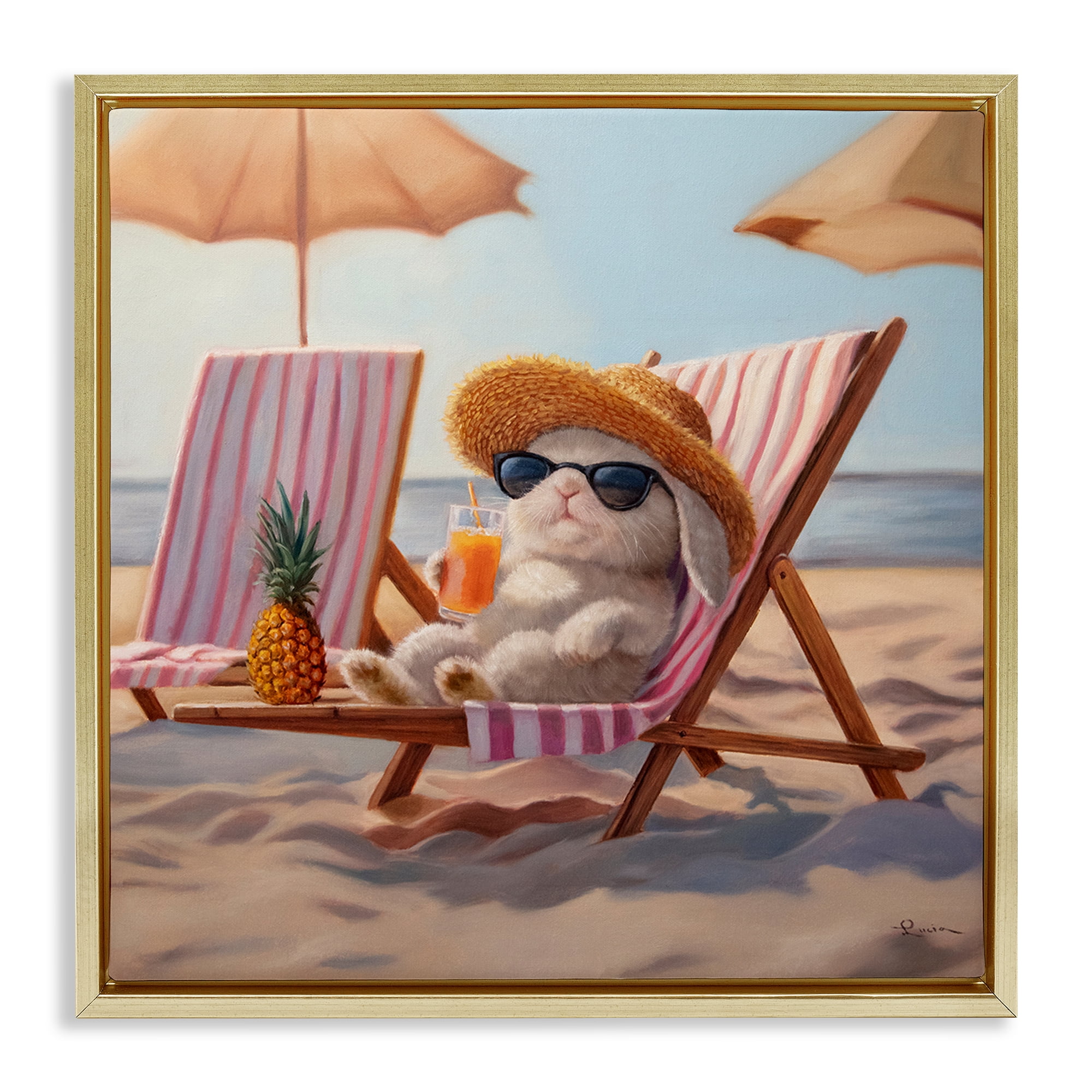 Beach Bun Relaxation Gold Framed Floater Canvas Wall Art, design by Lucia Heffernan