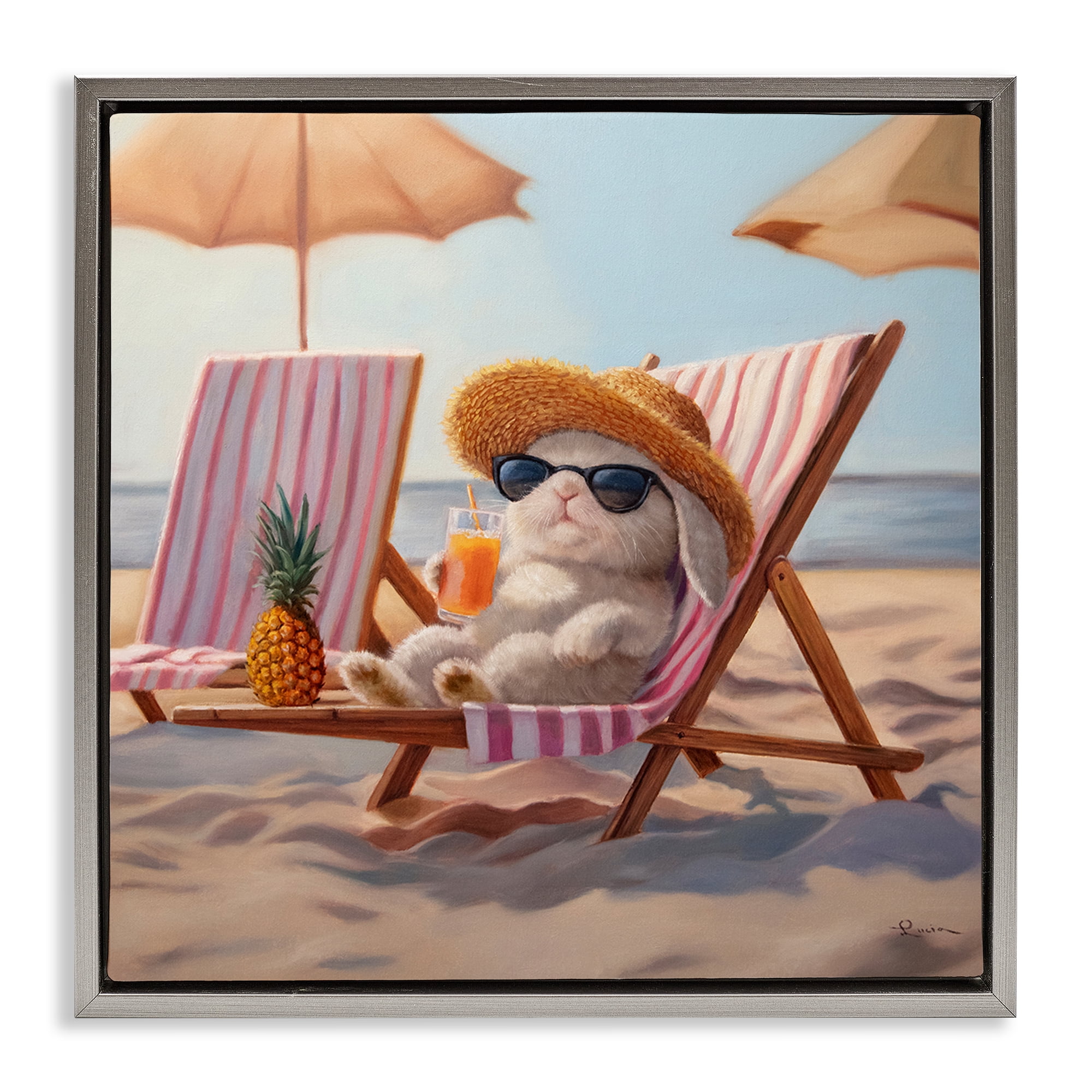 Beach Bun Relaxation Gray Framed Floater Canvas Wall Art, design by Lucia Heffernan
