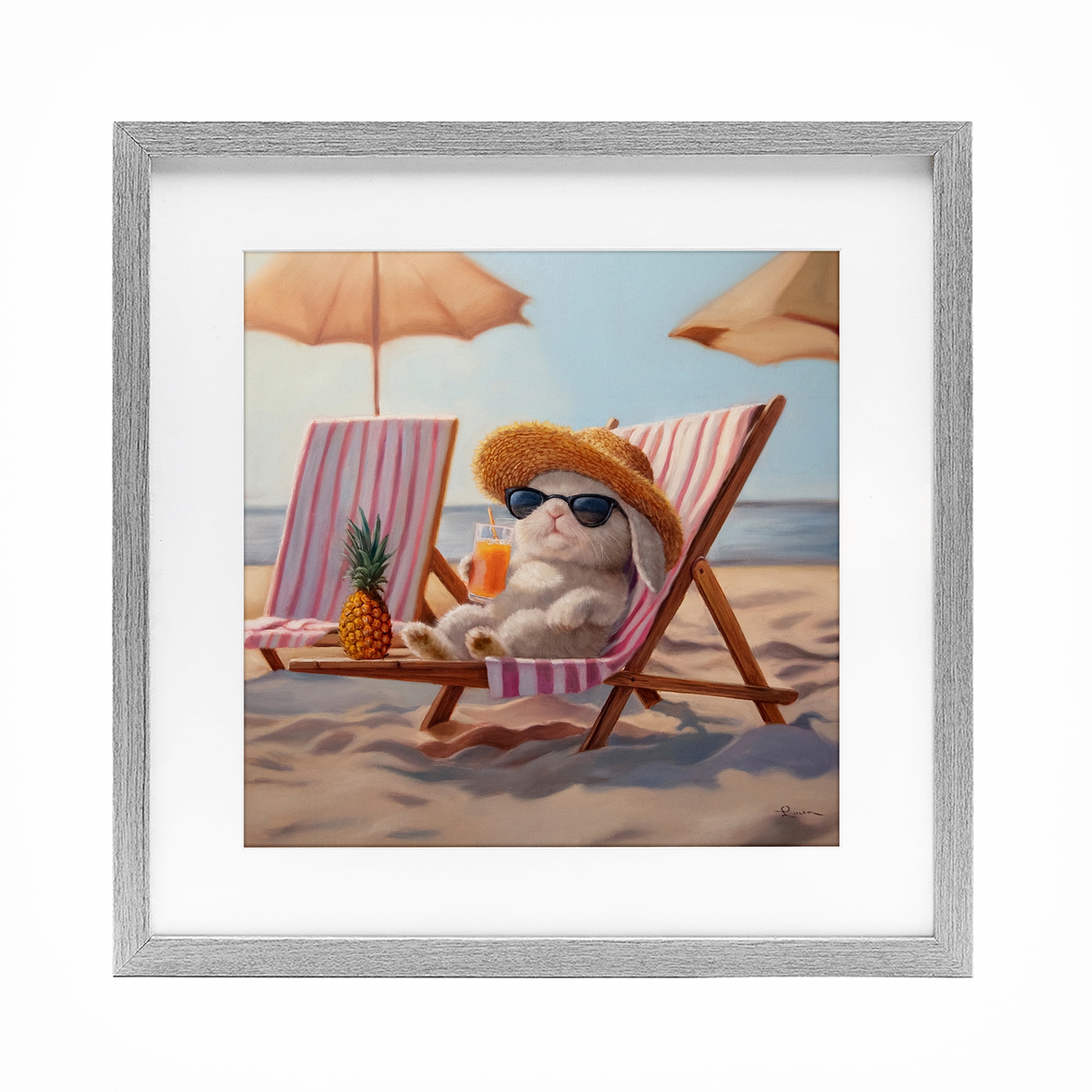 Beach Bun Relaxation Gray Framed Print Under Glass, design by Lucia Heffernan