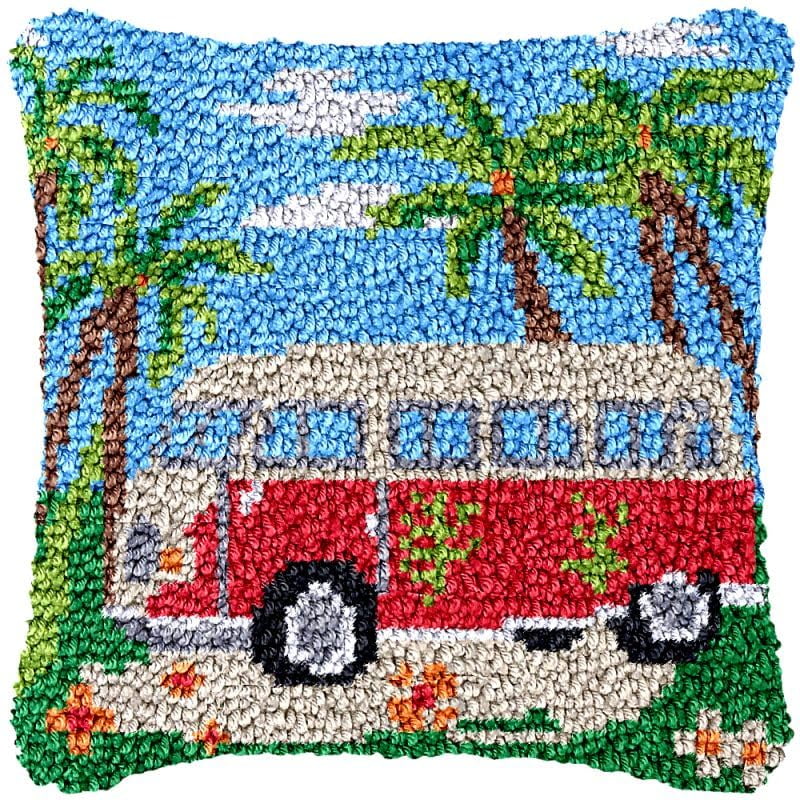 Beach Bus View Latch Hook Pillow Cover Kits for DIY Handmade Throw Pillow Cross Stitch Latch Hook Pillowcase Rug Kits with Preprinted Color Pattern Canvas Crochet Yarn Kits 17''X 17''(ch150)