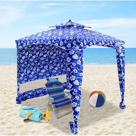 Beach Cabana Canopy Shelter – Sun Shade Tent – 6’ X 6’ - UPF 50+ - Waterproof - Easy Setup – 2 Layer Wind Vent Umbrella – 6 Ft X 6 Ft – Bonus sidewall – Beach, Lake, Park for Family - 2 to 4 People