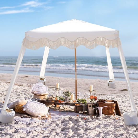 Beach Cabana with Fringe 7x7 FT Boho Beach Canopy with Tassels Easy Setup Premium Wood Pole Tent with Sand Pockets Instant Sun Shade for Garden, White