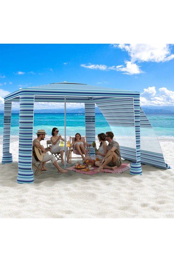 Beach Cabana With Side Walls, Blue-Green Stripe, 8x8, Adjustable Height