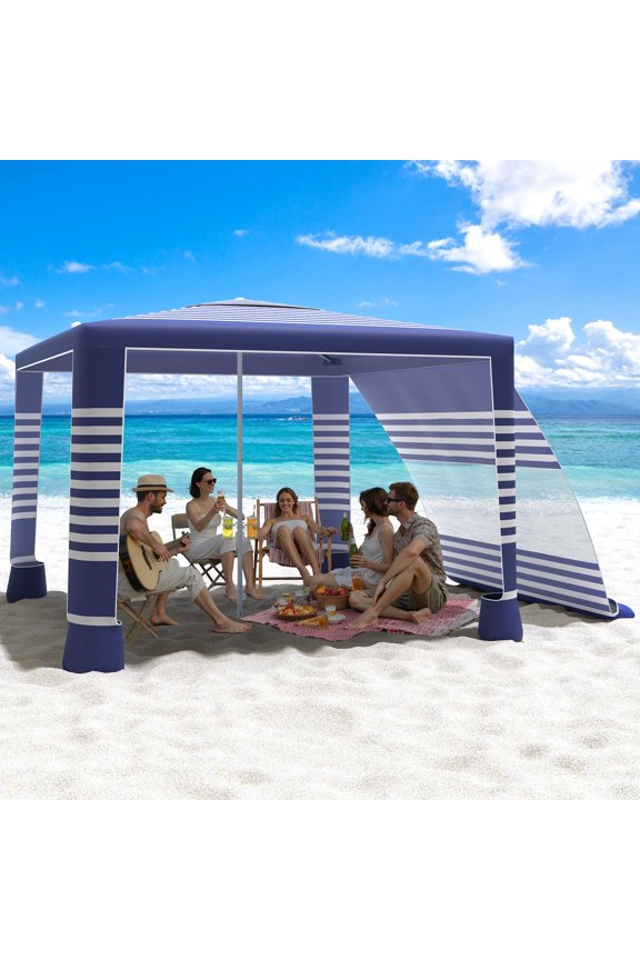 Beach Cabana With Side Walls, Stripes, 8x8 Ft, Adjustable Height, Wind