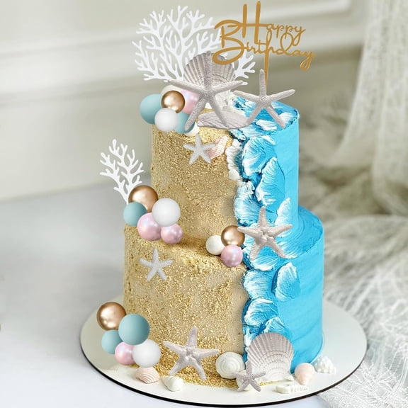 Beach Cake Topper Starfish Seashells Coral Cake Decorations Ball Happy Birthday Cake Toppers for Tropical Summer Ocean Theme Wedding Anniversary Baby Shower Party Supplies