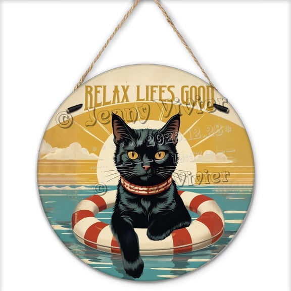 The Beach is Calling I Must Go Black Cat Hanging Wood Sign 12"x12",Round Vintage Wooden Sign Beach House Wall Decor Black Cat Wall Plaque Art Cottage Summer Tiki Home Decor