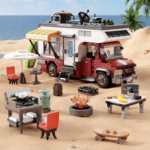 Beach Camper Van Building Blocks Set, Camping Adventure Model with Accessories, Creative Birthday Gift, Home Office Table Centerpiece