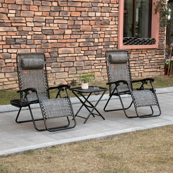Beach Camping Zero Gravity Lounge Chair Folding Reclining Set of 2 Chairs with Side Tray Cupholder Table for Poolside Patio Lawn Garden Porch Backyard Balcony, Gray