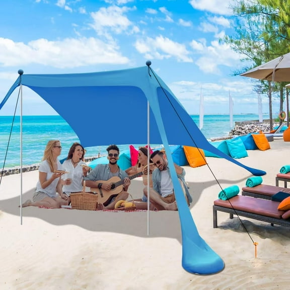 Beach Canopy Beach Tent UPF50+  Easy to Setup Extra Windproof Rope Sun Shelter Beach Shade Canopy with 4 Stability Poles Outdoor Shade for Beach Camping Family