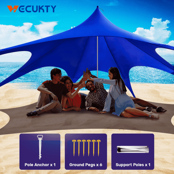 Beach Canopy Tent Sun Shade, VECUKTY 12x12 FT Beach Tent Sun Shelter UPF 50+ UV Protection with Sandbags , 1 Stability Poles and Ground Pegs and Anti-Wind Ropes,Blue