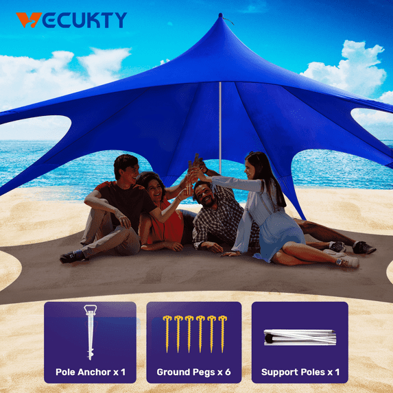 Beach Canopy Tent Sun Shade, VECUKTY 12x12 FT Beach Tent Sun Shelter UPF 50+ UV Protection with Sandbags , 1 Stability Poles and Ground Pegs and Anti-Wind Ropes,Blue