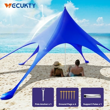 Beach Canopy Tent Sun Shade, VECUKTY 12x12 FT Beach Tent Sun Shelter UPF 50+ UV Protection with Sandbags , 1 Stability Poles and Ground Pegs and Anti-Wind Ropes,Blue