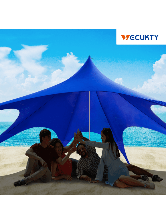 Beach Canopy Tent Sun Shade, VECUKTY 12x12 FT Beach Tent Sun Shelter UPF 50+ UV Protection with Sandbags , 1 Stability Poles and Ground Pegs and Anti-Wind Ropes,Blue