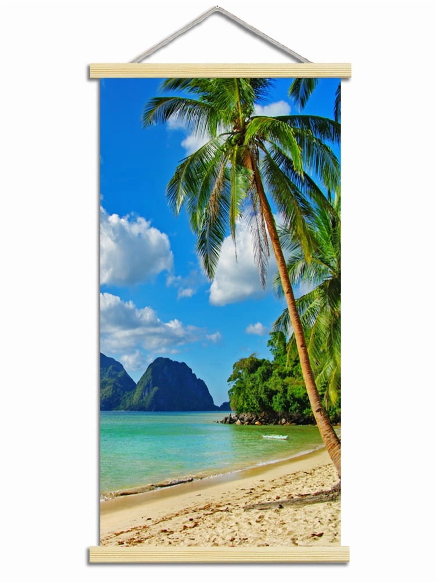 Beach Canvas Scroll Hanger Wall Art Pictures for Living Room Large Ocean Hanging Painting for Bedroom Blue Tropical Palm Tree Art Print Coastal Theme Artwork for Home Office Decoration