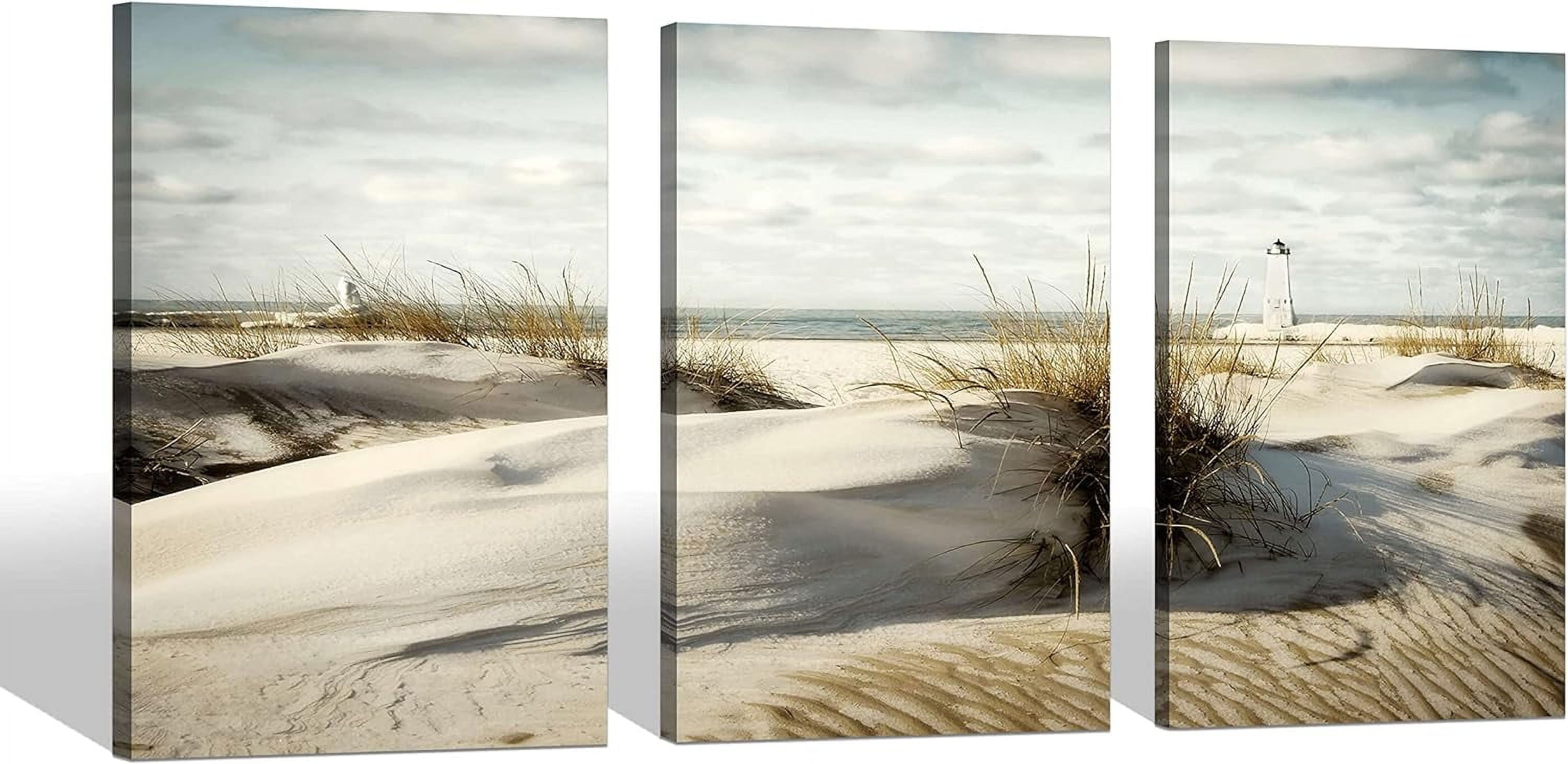 Beach Canvas Wall Art: 3 Panel Coastal Seaside Dune Picture Seascape Seagrass Artwork Lighthouse Painting Print for Bedroom (12x16)