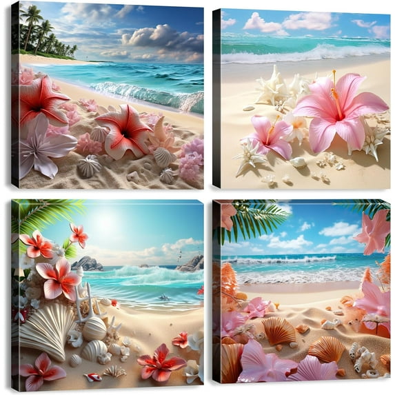 Beach Canvas Wall Art for Bathroom Decor Seashell Floral Pictures Blue Ocean Landscape Canvas Prints Posters Coastal Seascape Paintings Nautical Artwork for Living Room Home Decorations 12x12" 4Pcs