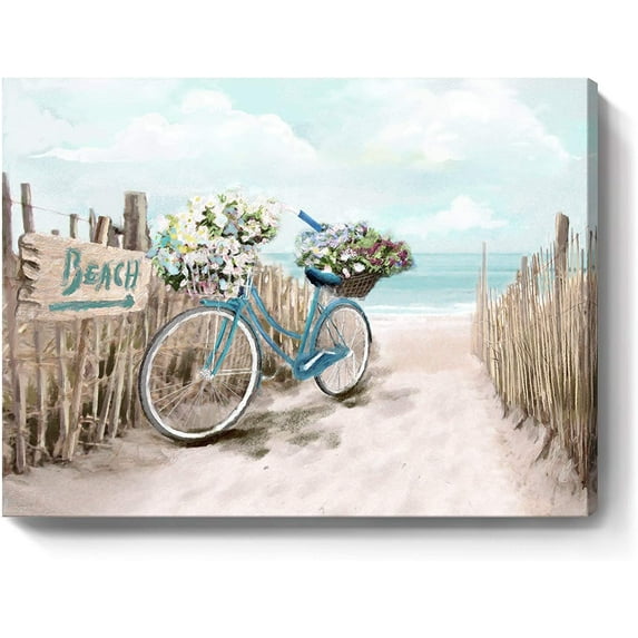 Beach Canvas Wall Art for Bathroom Ocean Pictures Seaside Bicycle Canvas Print Seascape Painting Framed Teal Aqua Blue Calming Shoreside Artwork for Modern Coastal Themed Lake Home Bedroom 12x16inch